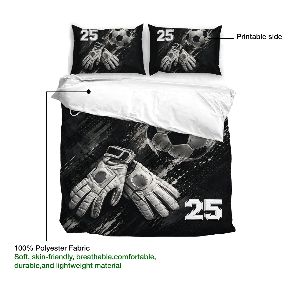 Soccer bedding set detail showing the printed duvet cover surface, matching pillowcases, and goalkeeper glove artwork