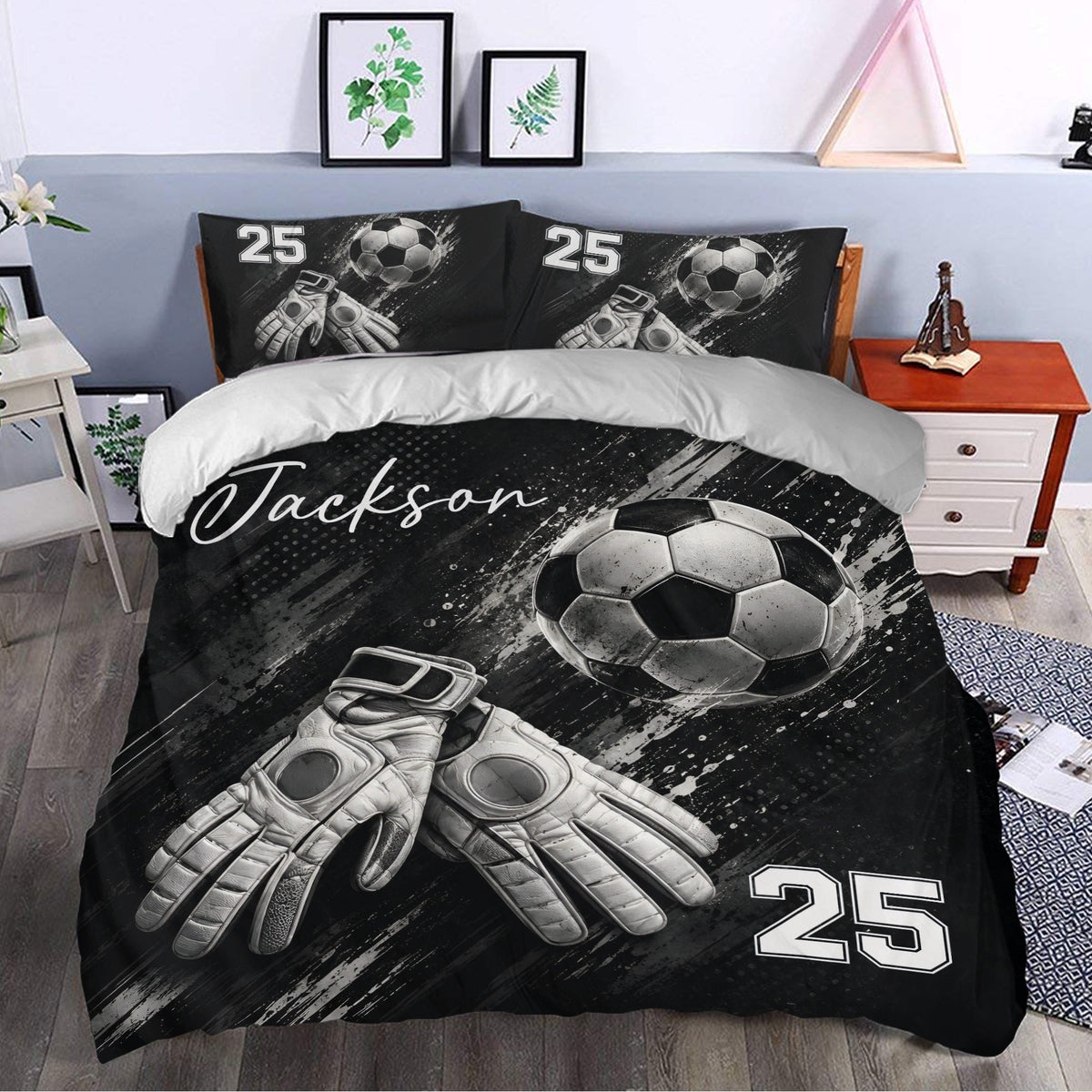 Black soccer duvet cover styled in a bedroom with goalkeeper gloves, soccer ball artwork, and bold athletic graphics