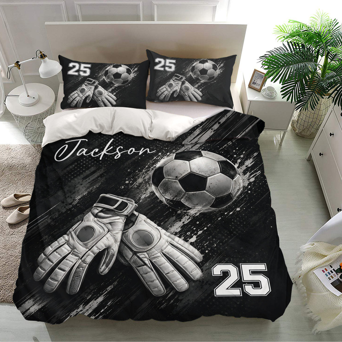 Soccer duvet cover bedding set displayed on a bed with black graphic artwork, soccer ball, gloves, and matching pillows