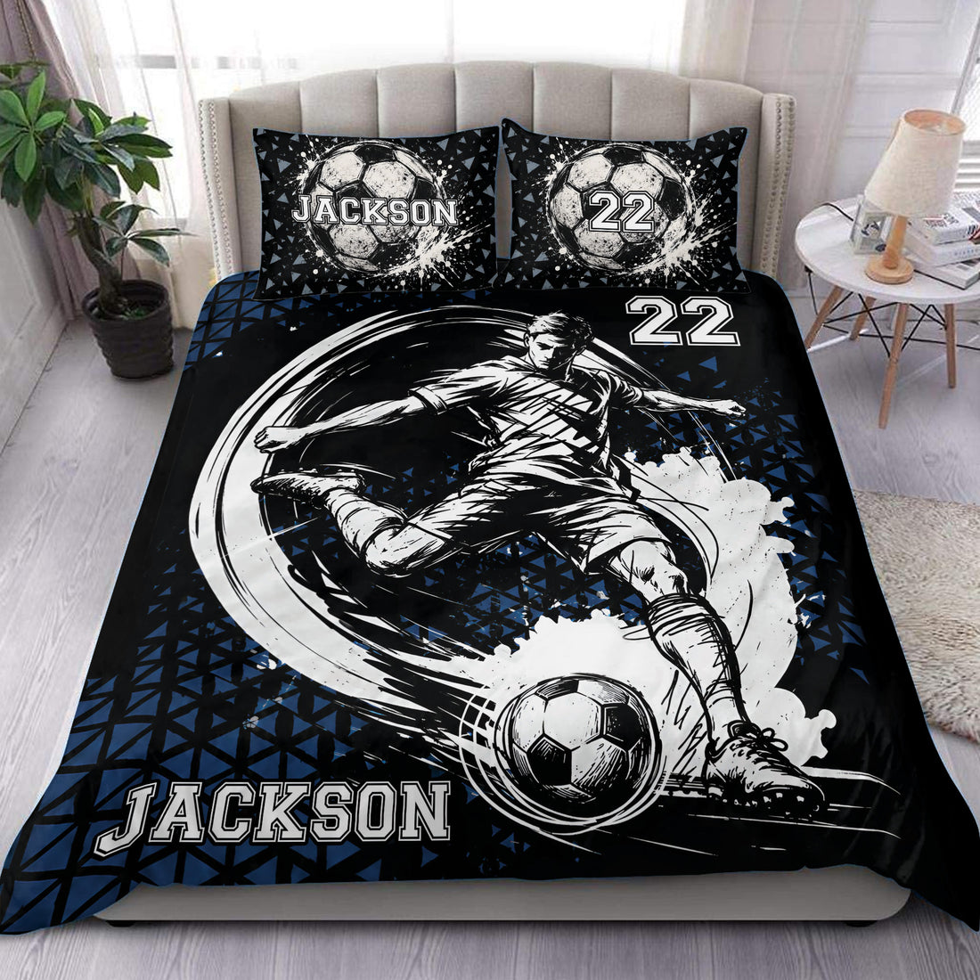 Custom soccer duvet cover set displayed on a bed with a dynamic player, soccer ball, and black blue artwork