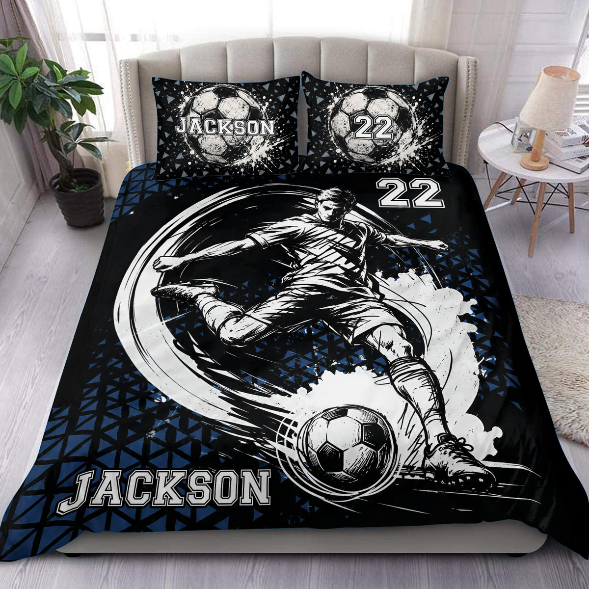 Custom soccer duvet cover set displayed on a bed with a dynamic player, soccer ball, and black blue artwork