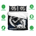 Soccer duvet cover bedding set shown with matching pillowcases, bold black blue graphics, and breathable fabric icons