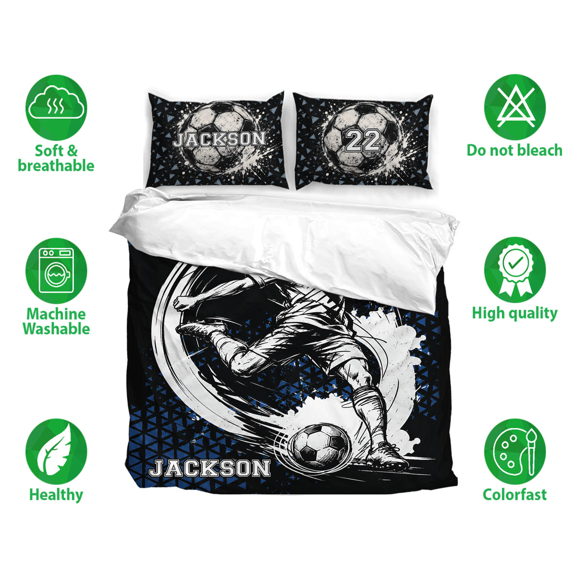 Soccer duvet cover bedding set shown with matching pillowcases, bold black blue graphics, and breathable fabric icons
