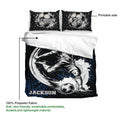 Soccer bedding set product view showing the printed side, player artwork, soccer ball, and soft polyester fabric