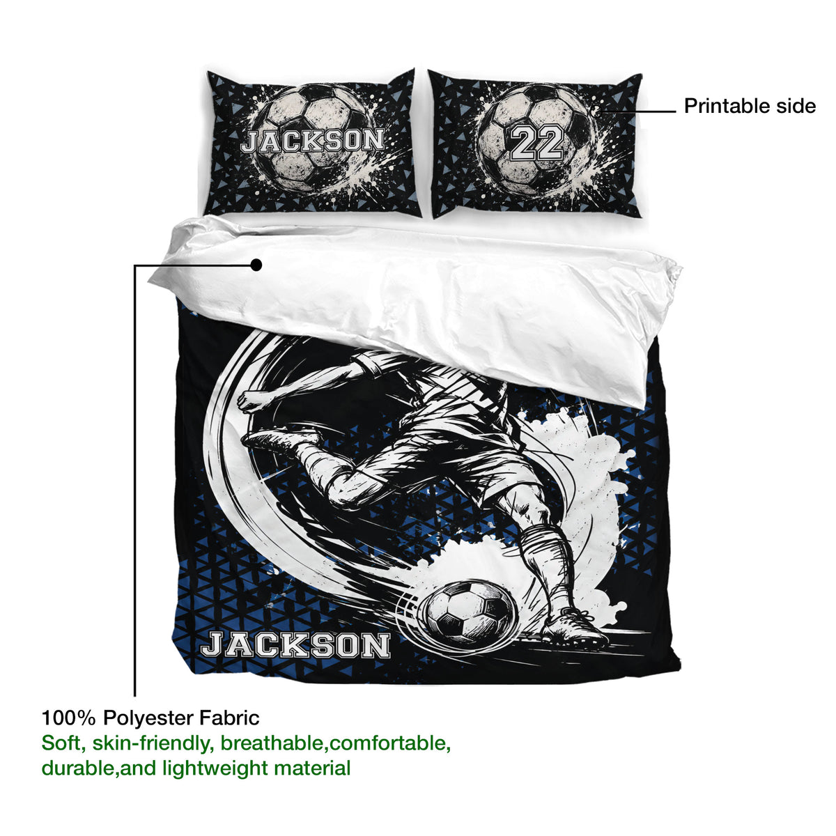 Soccer bedding set product view showing the printed side, player artwork, soccer ball, and soft polyester fabric