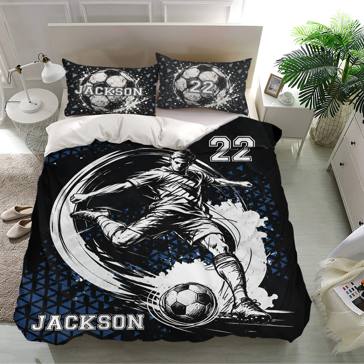 Soccer duvet cover bedding set displayed in a bright bedroom with bold player graphics and coordinated pillowcases