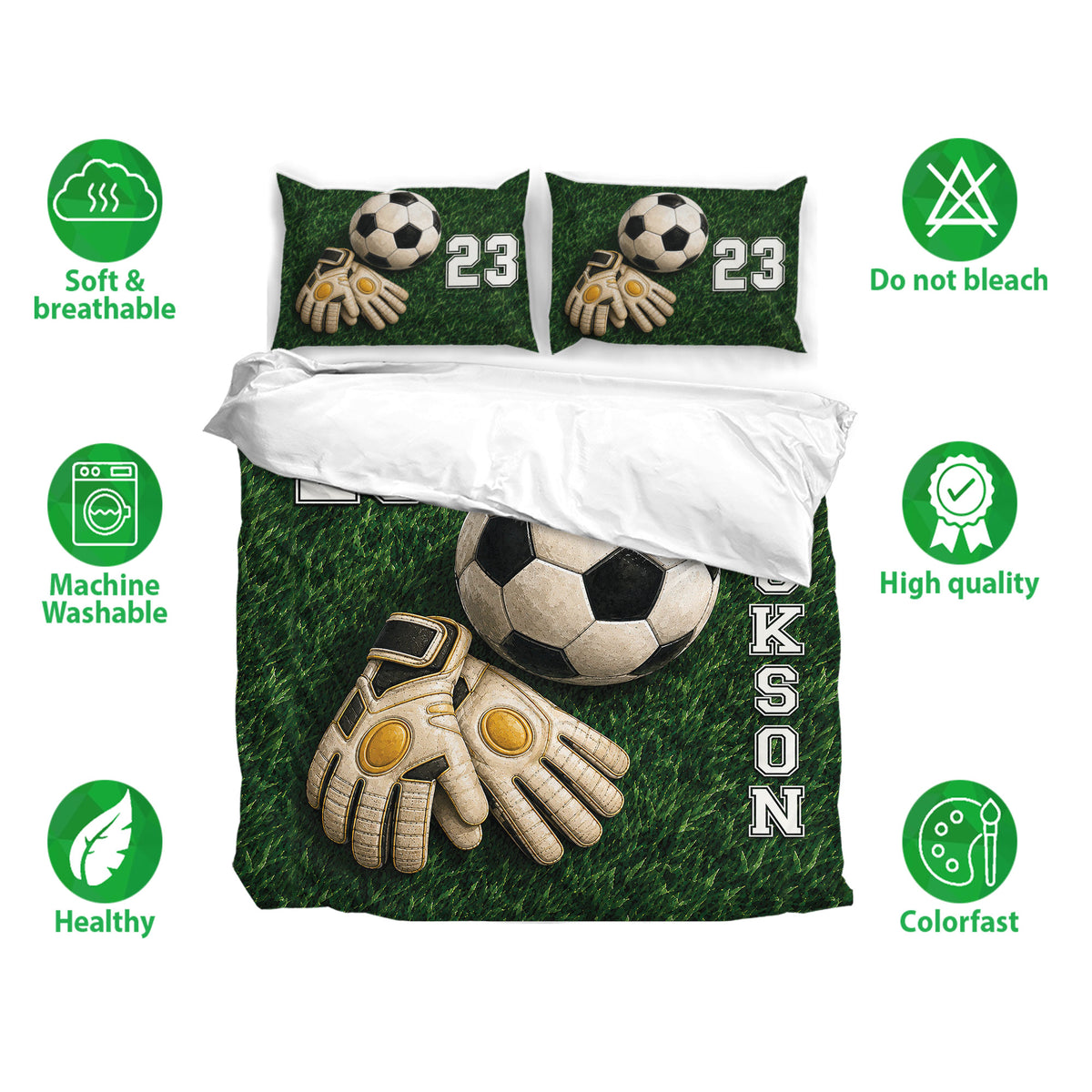 Soccer bedding set with green field artwork, matching pillowcases, and soft breathable fabric feature icons