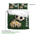 Soccer duvet cover set showing the printable side, green field artwork, and 100 percent polyester fabric label