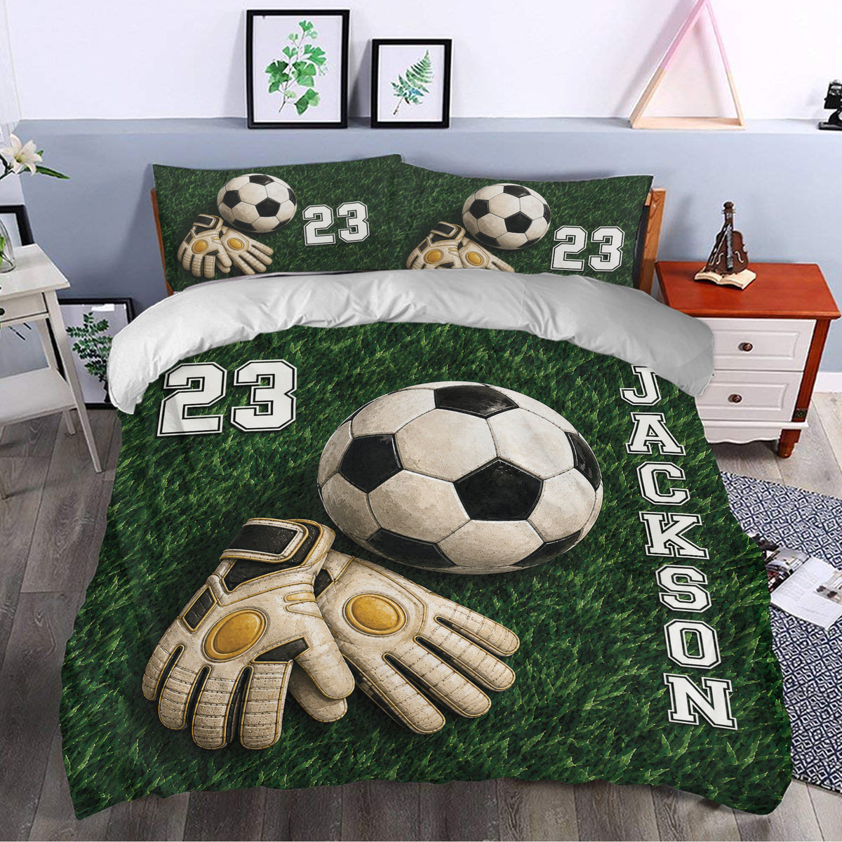 Soccer duvet cover bedding set styled in a bedroom with a large soccer ball and goalkeeper glove design