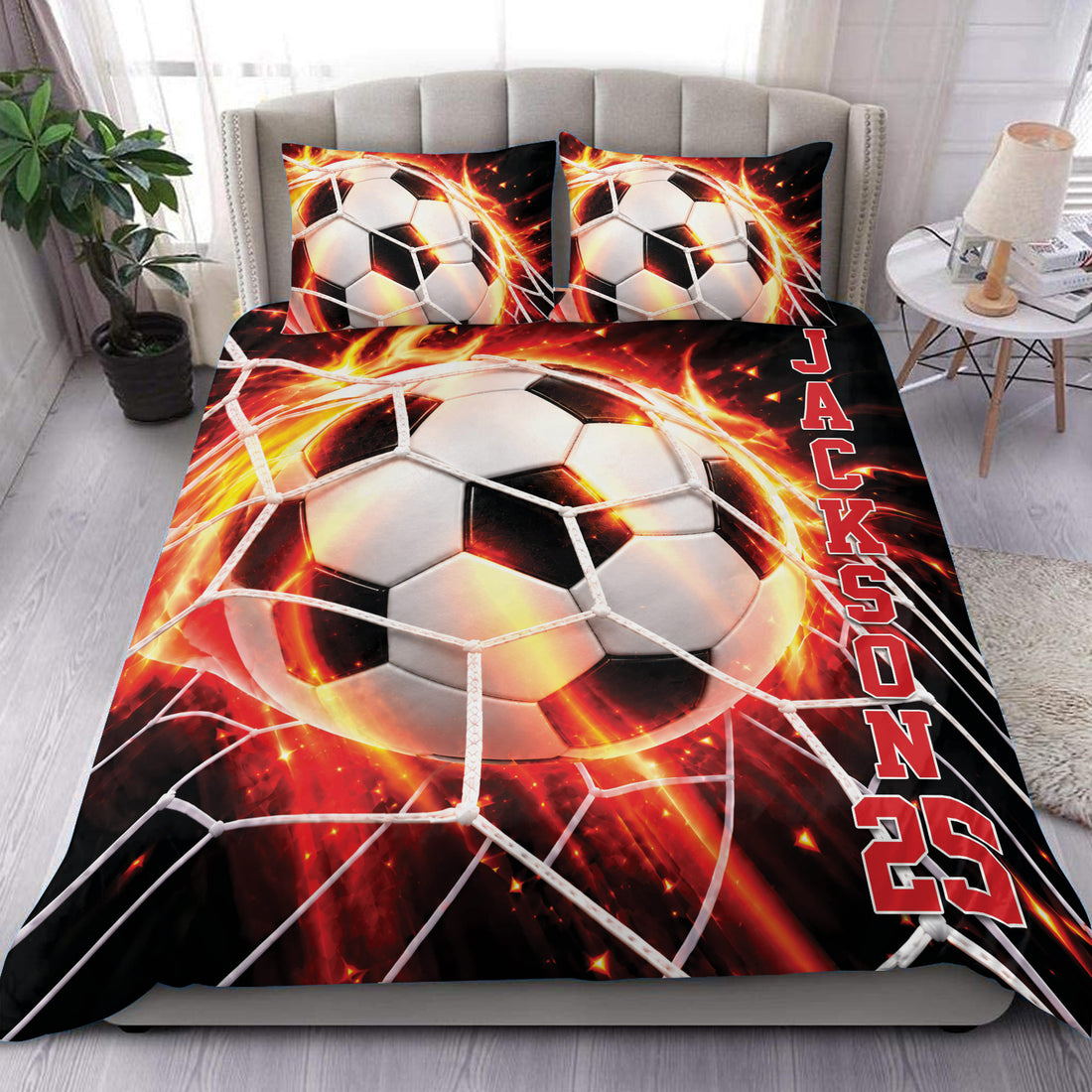 Soccer duvet cover set with fiery orange and red soccer ball artwork in a modern bedroom