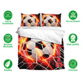 Soccer bedding set displayed with vivid ball artwork and soft breathable fabric feature icons