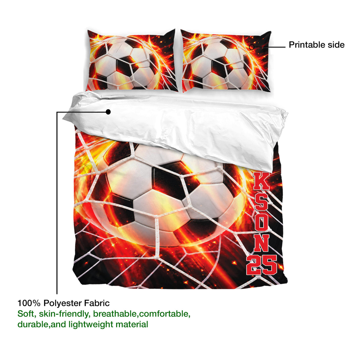 Soccer duvet cover set showing the printed side, bold ball artwork, and fabric detail