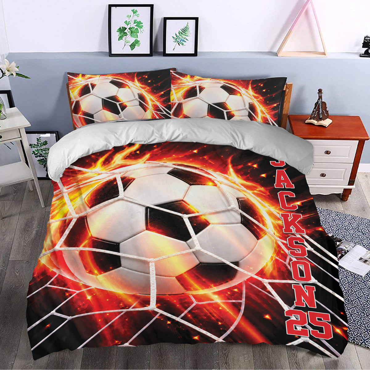 Soccer duvet cover with dramatic fiery ball design styled in a contemporary bedroom