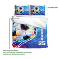 Soccer duvet cover set showing the printed side, geometric ball design, and polyester fabric detail