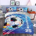 Colorful soccer duvet cover bedding set styled in a modern bedroom with matching pillowcases