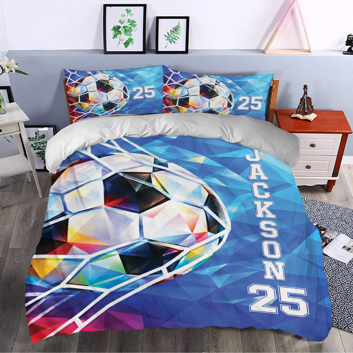 Colorful soccer duvet cover bedding set styled in a modern bedroom with matching pillowcases