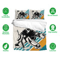 Hockey goalie duvet cover bedding set shown with breathable fabric and care feature icons