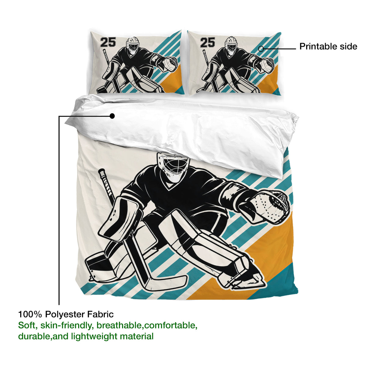 Hockey goalie duvet cover set with printable design and soft 100% polyester fabric details