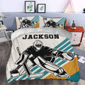 Hockey goalie duvet cover bedding set styled in a modern bedroom with bold teal and gold accents