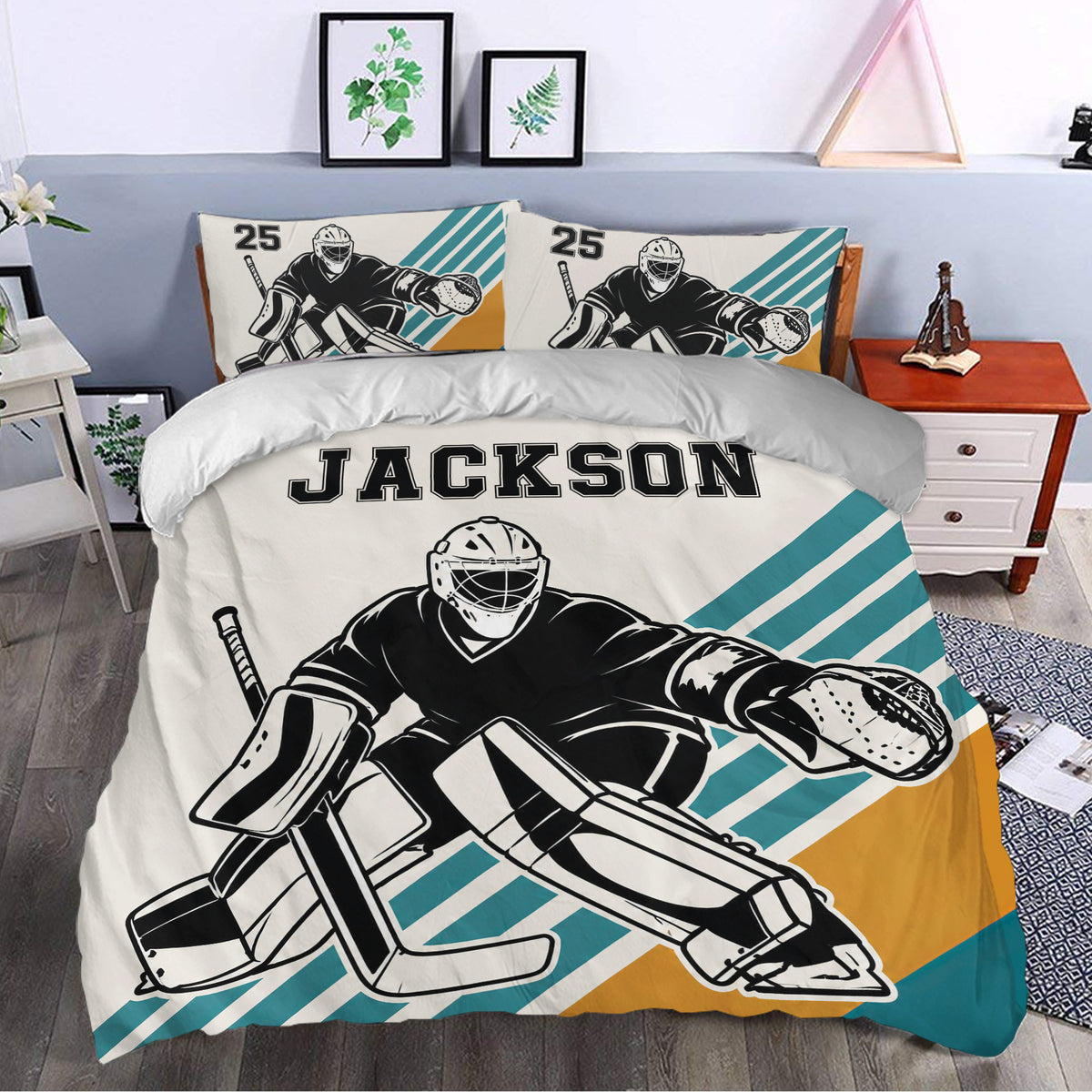 Hockey goalie duvet cover bedding set styled in a modern bedroom with bold teal and gold accents