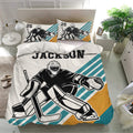 Hockey goalie duvet cover set presented in a bright bedroom with matching graphic pillowcases