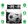 Soccer duvet cover bedding set with bold ball artwork shown with soft and breathable fabric features