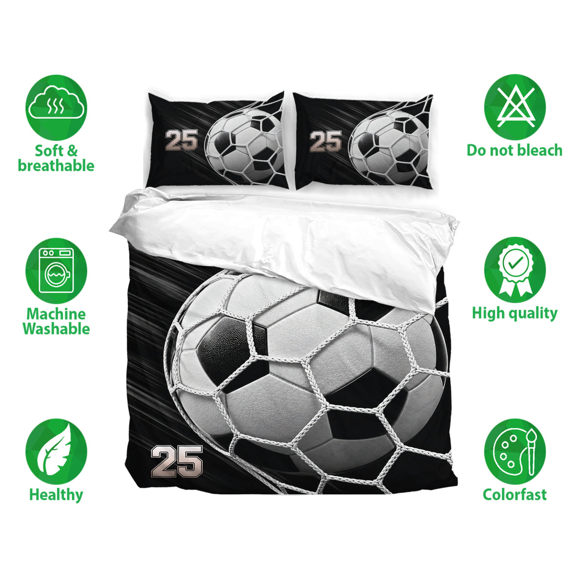 Soccer duvet cover bedding set with bold ball artwork shown with soft and breathable fabric features