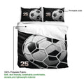 Soccer bedding set detail showing oversized ball artwork, black background, and lightweight polyester fabric