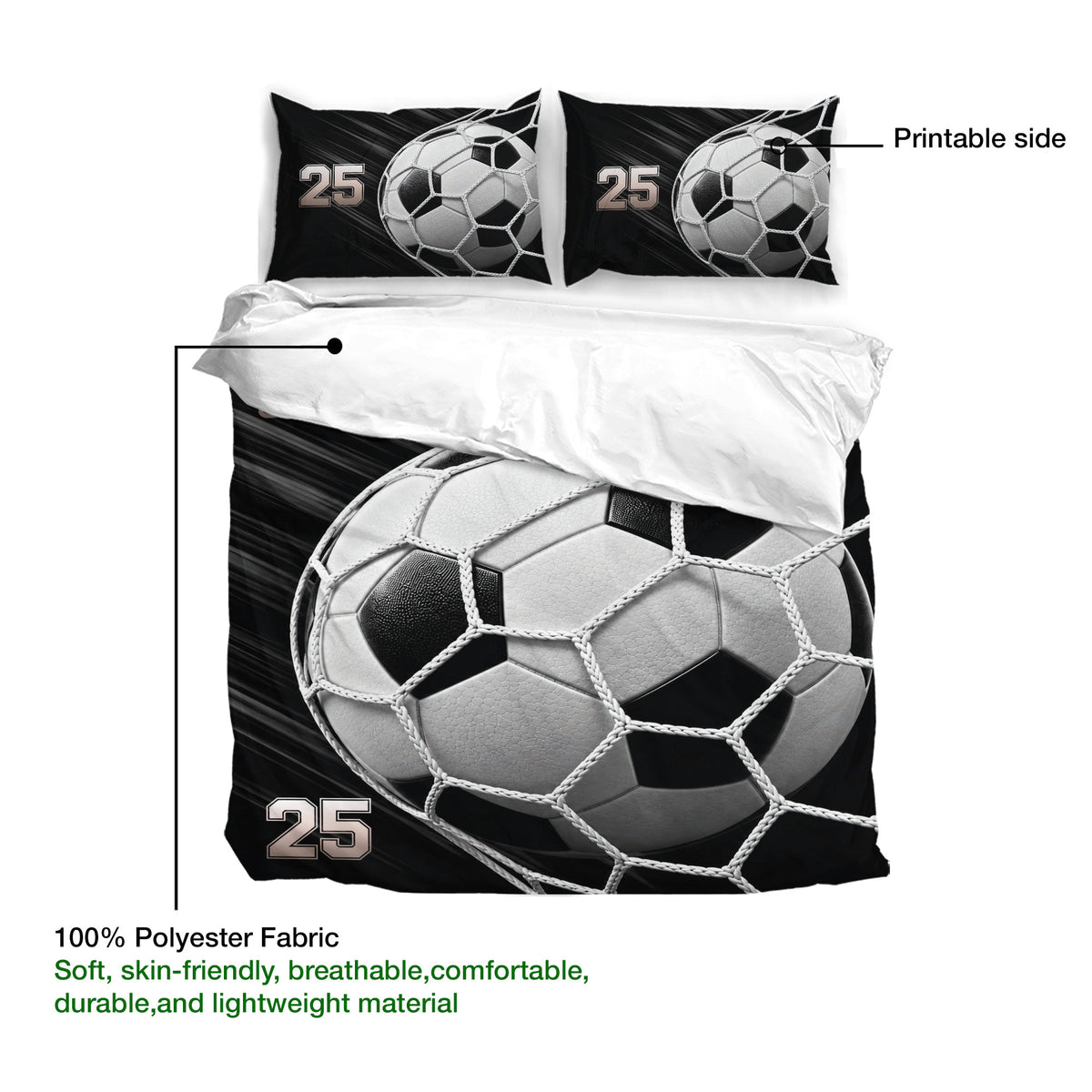 Soccer bedding set detail showing oversized ball artwork, black background, and lightweight polyester fabric