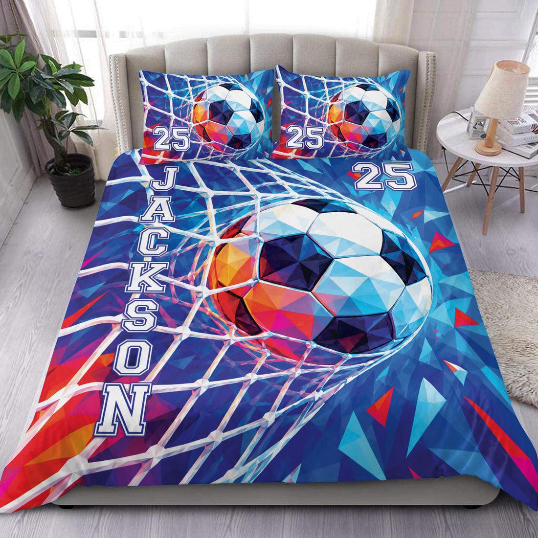 Soccer duvet cover set with colorful geometric soccer balls and goal net design in a modern bedroom