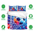 Soccer bedding set displayed with matching pillowcases, bold blue artwork, and soft breathable fabric icons