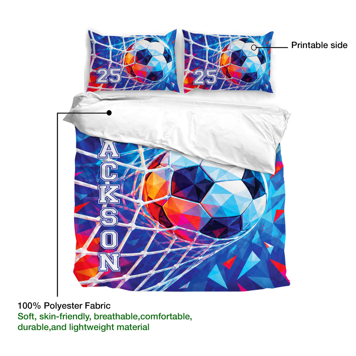 Soccer duvet cover set detail showing vibrant printable artwork and lightweight polyester fabric