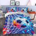 Soccer duvet cover bedding set styled in a bedroom with blue geometric ball and goal net artwork