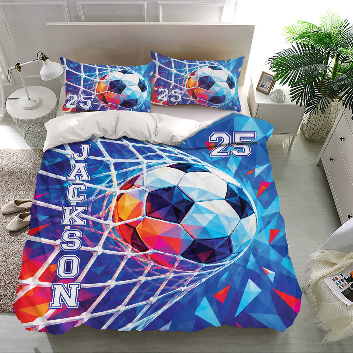 Soccer bedding set on a bright bedroom bed with matching pillowcases and colorful geometric ball design