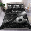 Custom soccer duvet cover set with black and white ball, cleat, stadium, and field artwork