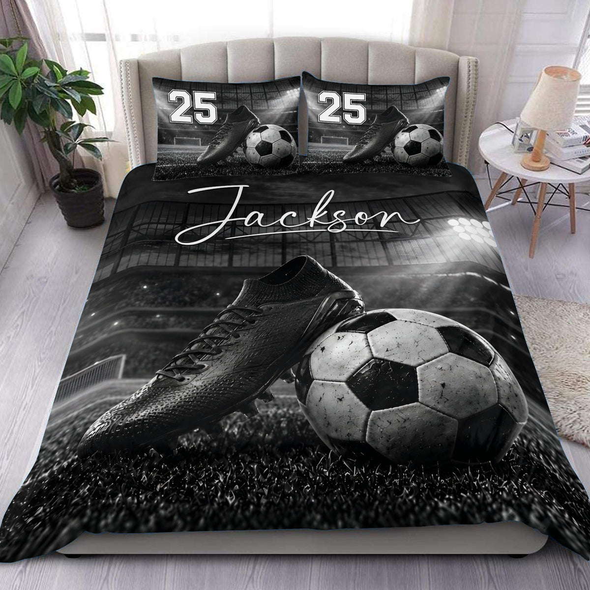 Custom soccer duvet cover set with black and white ball, cleat, stadium, and field artwork