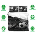 Soccer duvet cover bedding set displayed with matching pillows and black and white field artwork
