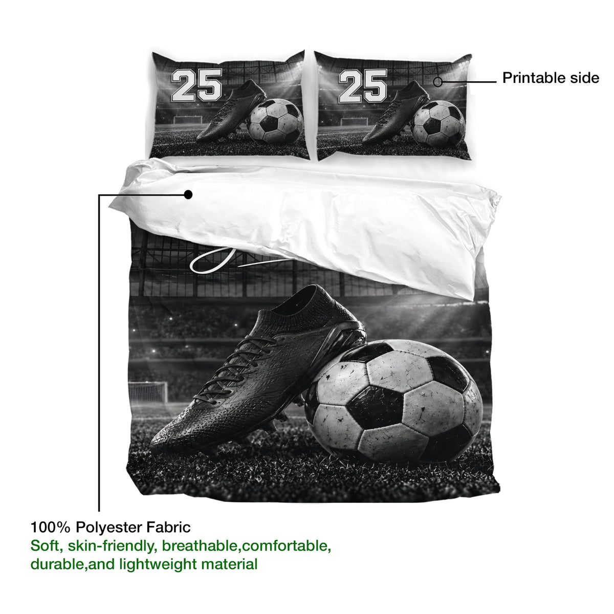 Soccer bedding set detail showing printable duvet cover artwork and lightweight polyester fabric