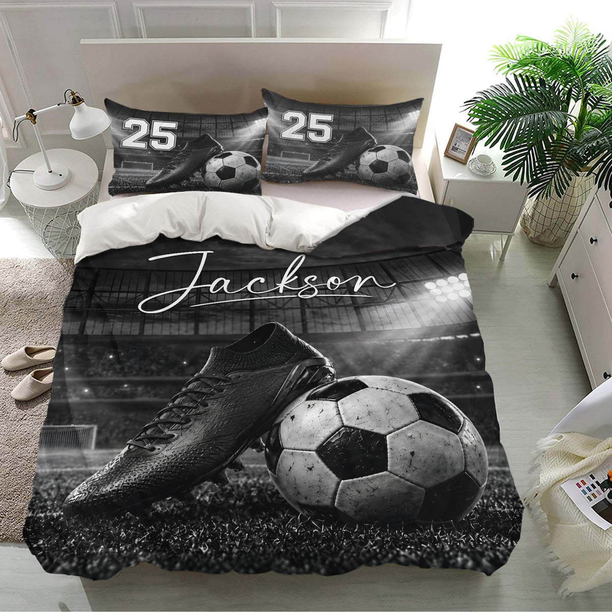 Black and white soccer duvet cover bedding set presented in a bright modern bedroom