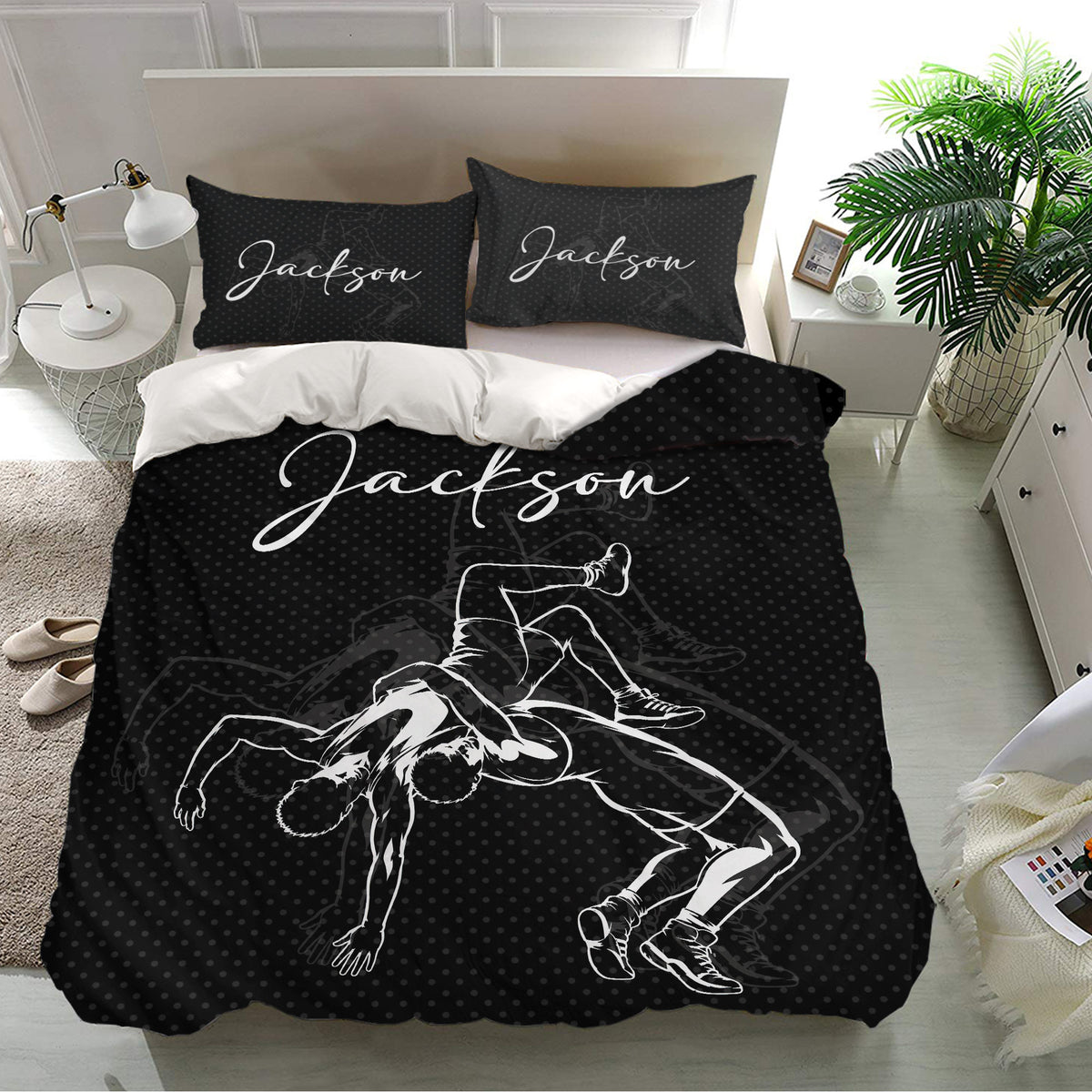 Wrestling duvet cover bedding set displayed in a bright bedroom with bold black and white artwork