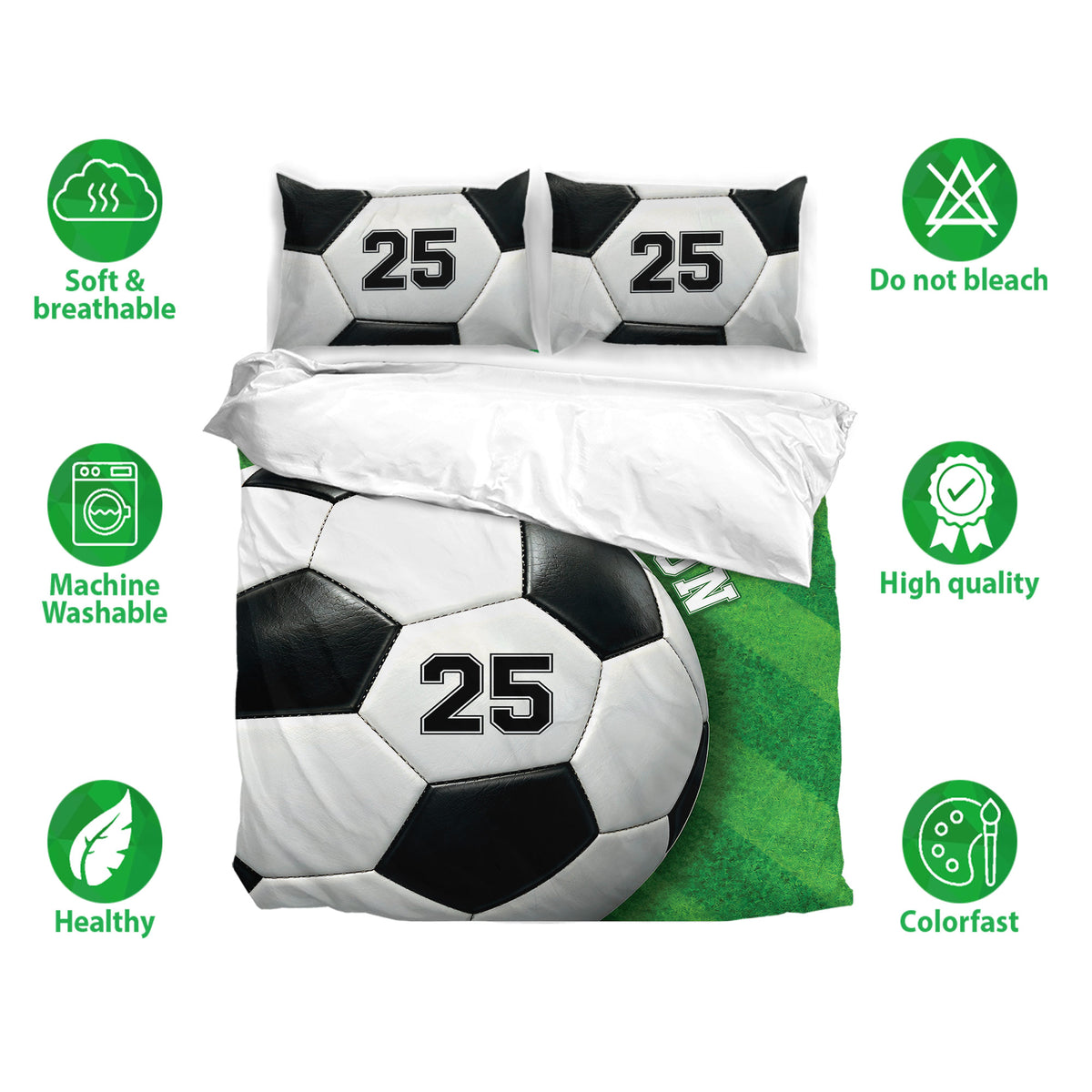 Soccer bedding set with ball-patterned duvet cover and matching pillowcases shown with product features