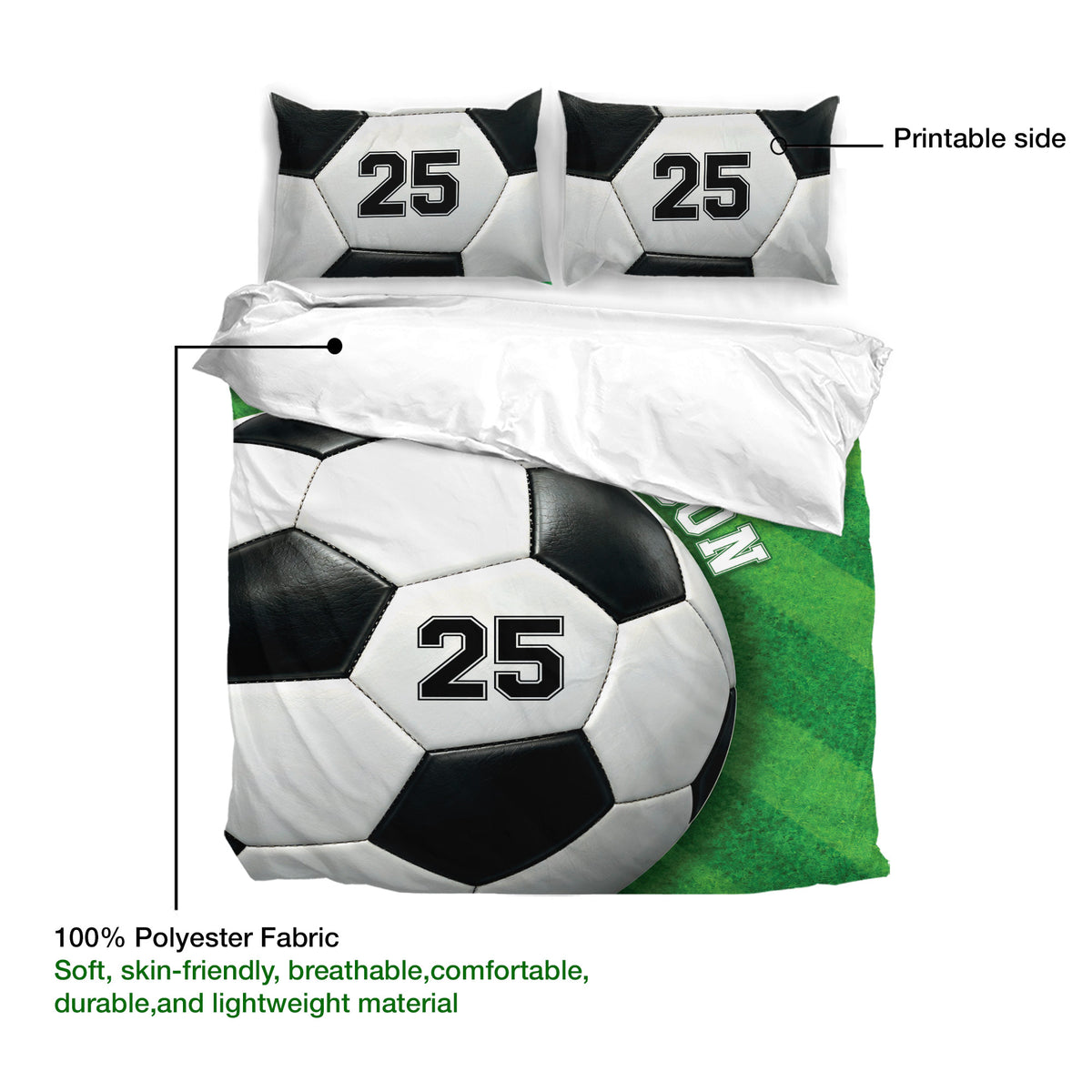 Soccer duvet cover bedding set detail showing the printable artwork side and large ball graphics