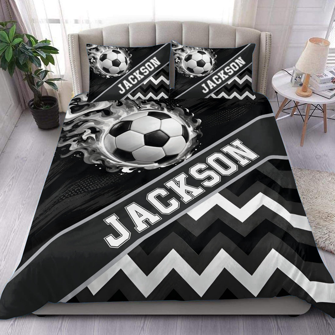 Black and white soccer duvet cover set displayed on a modern bed with matching custom pillowcases