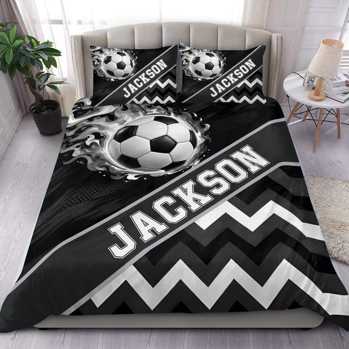 Black and white soccer duvet cover set displayed on a modern bed with matching custom pillowcases
