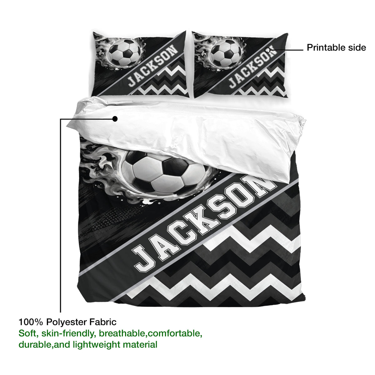 Soccer duvet cover set product view showing bold ball artwork, geometric stripes, and printable fabric