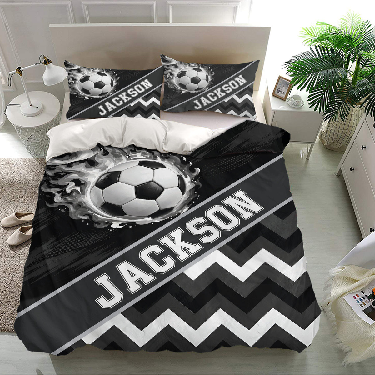 Custom soccer bedding set displayed in a bright bedroom with ball graphics and geometric chevron details