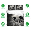 Soccer duvet cover bedding set displayed with matching pillowcases in a black and white design