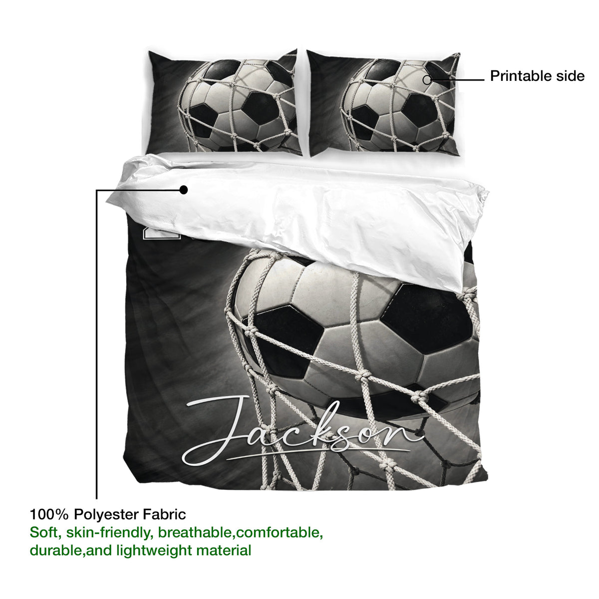 Soccer bedding set detail showing the printed duvet cover side and matching soccer ball pillowcases