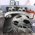 Soccer duvet cover set styled in a modern bedroom with bold black and white ball artwork