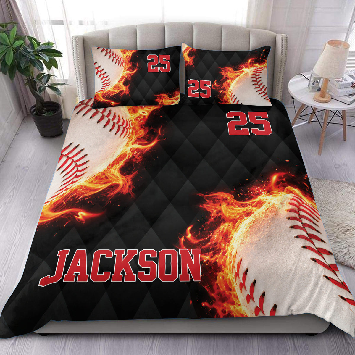 Custom baseball duvet cover set with fiery baseball artwork and bold red accents in a modern bedroom